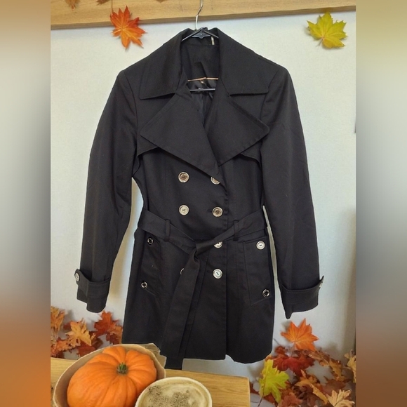 NWOT Calvin Klein XS Black Double-Breasted Trench Coat - Picture 1 of 3